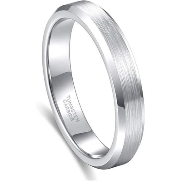 4mm 6mm Tungsten Carbide Ring for Men Women Beveled Edge Brushed Silver - Picture 7 of 7